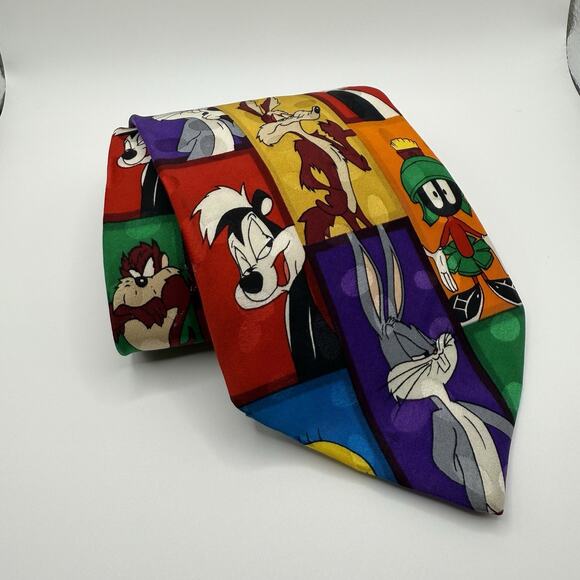 Warner Bros. Other - Looney Tunes Tie Silk Colorblock Bugs Bunny, Tasmanian Devil, 90s Y2k Fun Quirky